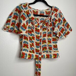 Saint Geraldine Floral Kathleen Button Front Ruffle blouse Small